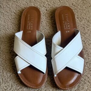 easy street White Crisscross Slide Sandals with Brown Footbed